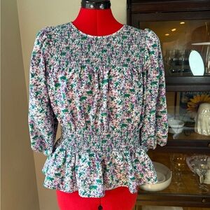 Pleione Purple Floral Smocked Peplum Blouse | Boho Spring Top | Size M